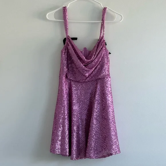 For Love & Lemons Sequin Candice Mini Dress in Pink/Purple with Velvet Bows - Picture 4 of 7